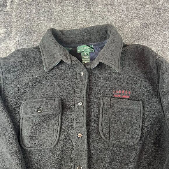 Lauren Ralph Lauren Fleece Button Up Pockets Black Plaid Shacket Women's M - Picture 2 of 11